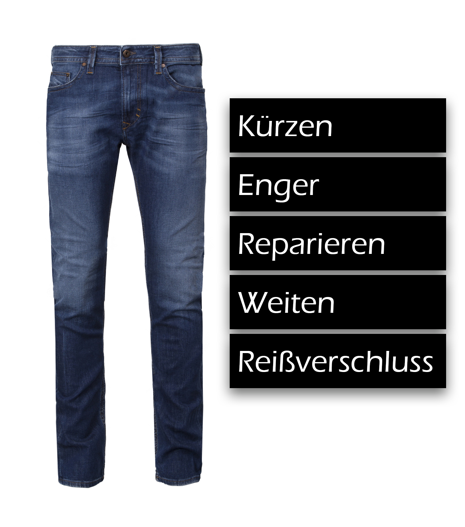 Jeans kürzen, enger, reparieren, weiten reißverschluß